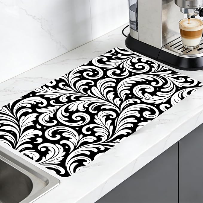 Nuxovilar Coffee Bar Mat Black White Floral Scroll Pattern Dish Drying Pad Natural Rubber Canvas 16.92 x 31.1 inchs Coffee Accessories Counter Surface Beverage Corner Home Cafe