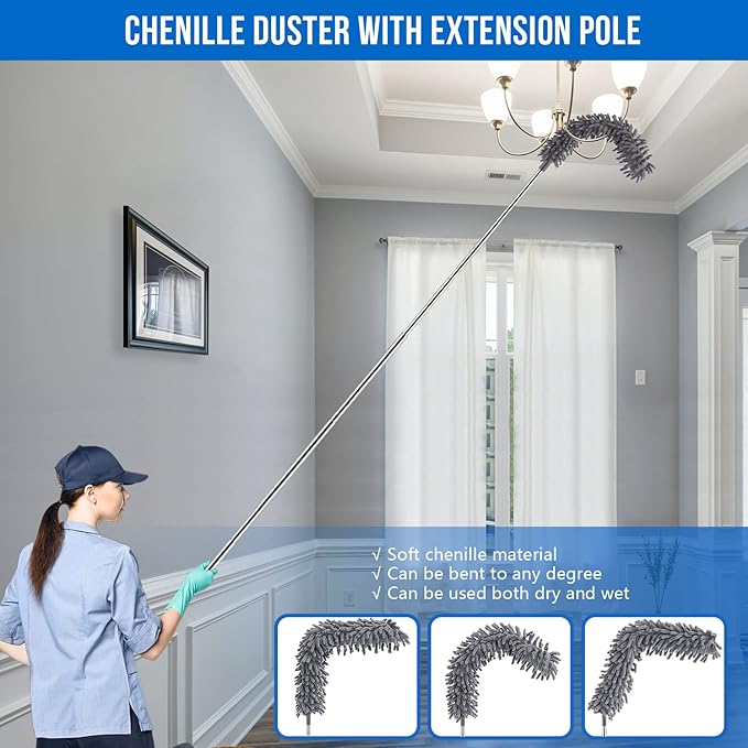 Microfiber Feather Duster Kit with Extension Pole (30–100) – Bendable Washable Heads Extendable Dusters for Cleaning Ceiling Fan High Ceiling Blinds Furniture &amp Cars (5 Pcs)