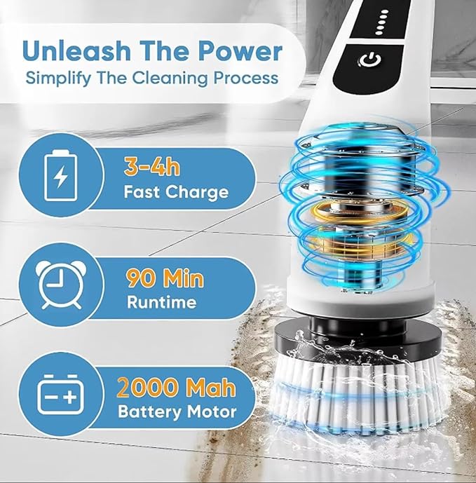 7-in-1 Electric Spin Scrubber with Long Extension Handle Cordless Cleaning Brush with 2 Speeds Power Scrubber with 7 Replaceable Brush Heads for Floor TileBathroomShower BathtubGlassCar etc.