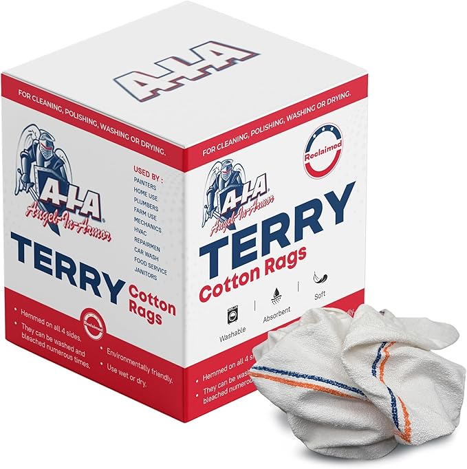 Angel-in-Armor White Striped Terry Cloth Rags (16 x 19) – 8x4lb Bulk Box of Cotton Cleaning Towels – Reusable Terry Bar Kitchen Cleaning Shop Rags – Low-Lint &amp Washable
