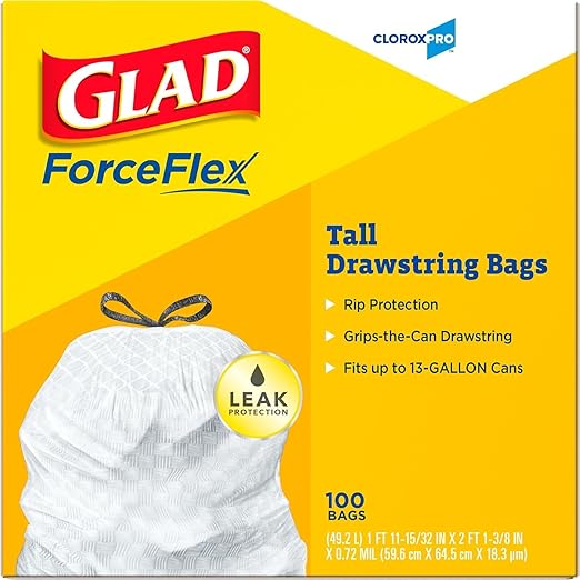 CloroxPro Glad ForceFlex 13 Gallon Tall Kitchen Drawstring Trash Bags 100 Count Pack of 4 (Package May Vary)