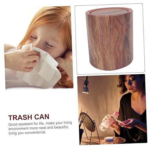 ABOOFAN Wood Grain Round Trash Can with Flip Lid Medium Capacity Garbage Bin for Home Use Compact Wastebasket for Living Room Kitchen and Bathroom Management