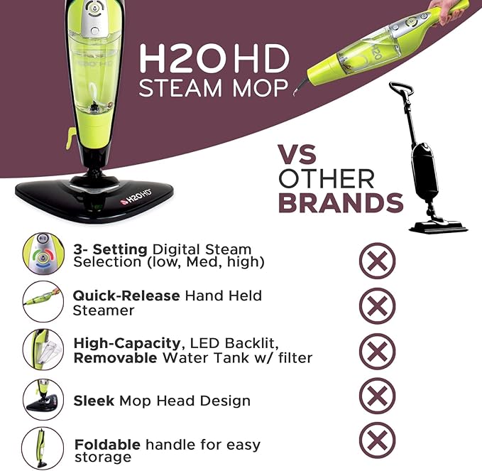 H2O HD Steam Mop &amp Handheld Steam Cleaner | 3-in-1 Floor Steamer | 1500W Power &amp 450ml Removable Tank | Foldable Storage | Hardwood Tile &amp Laminate Cleaner