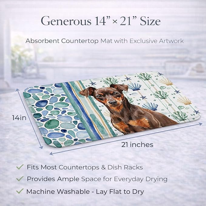 Caroline's Treasures Chocolate and Rust Miniature Pinscher Min Pin Coastal Sea Glass Dish Drying Mat Absorbent Dish Drying Mat Pad for Kitchen Counter Dish Drainer Mat for Countertop 14 x 21