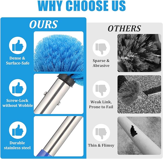 Cobweb Duster with Extension Pole 10 FT Long Duster for High Ceilings Walls Medium Stiff Bristles Cobweb Brush with Lightweight Stainless Steel Pole for Outdoor Indoor Cleaning