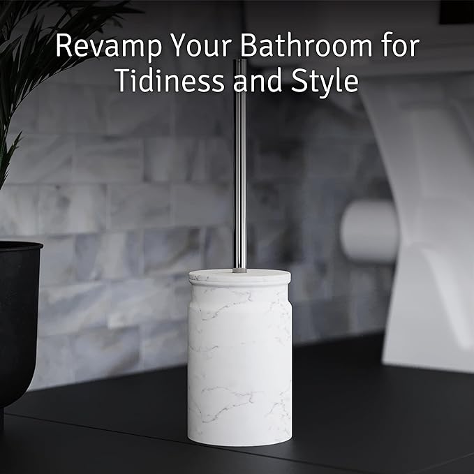 Toilet Brush and Holder Set - Toilet Bowl Brush and Holder with Sturdy Bristles for Thorough Cleaning - Concealed White Bathroom Accessories Toilet Cleaner Brush for Bathroom (Marble Look)