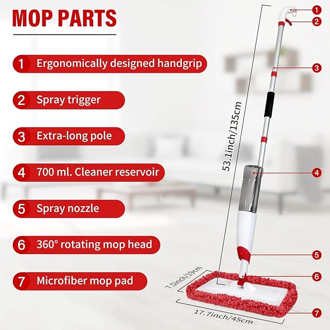 Spray Mops for Floor Cleaning Microfiber Spray Cleaning Mop Kit with 3 Reusable Washable Pads 700ML Refillable Bottle and Scrubber Flat Mop with 360 Degree Swivel Head for Hardwood Laminate