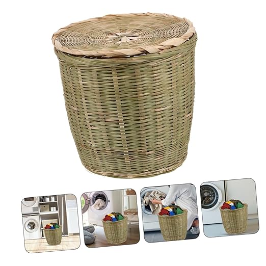 Handwoven Bamboo Storage Basket with Lid Versatile Woven Wastebasket for Kitchen Bedroom and Toy Organization Bamboo Material