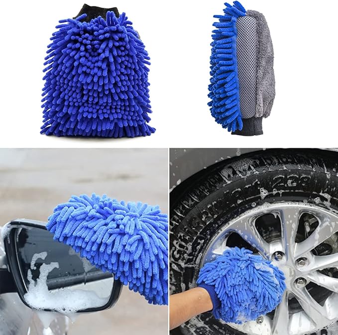 Car Wash Brush With Long Handle Chenille Microfiber Mop Mitt 1 Replacement Head Wheel Brush Extension Pole Cleaning Kit With Towels for Cars Trucks 5PCS
