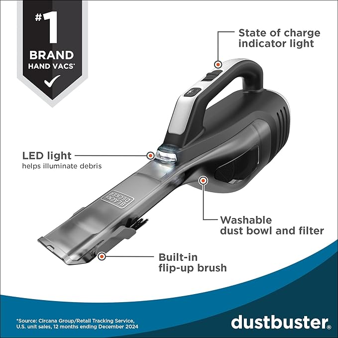 BLACK+DECKER Dustbuster Reveal Handheld Vacuum Cordless Car Vacuum Portable Cordless LED Light Long Run Time Rechargeable Lightweight Dust Buster Includes Crevice Tool Charging Base (HLVD320B42)