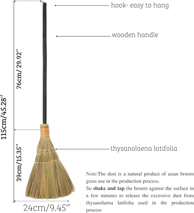 Vietnamese Straw Soft Black Broom for Cleaning with Long Handle Broom- Broom Decorative 9.45'' Width 45.28 Length