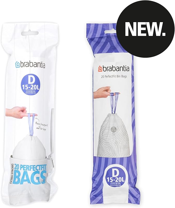 Brabantia PerfectFit Trash Bags (Size D / 4-5.3 Gal) Thick Plastic Trash Can Liners with Drawstring Handles (20 Bags)