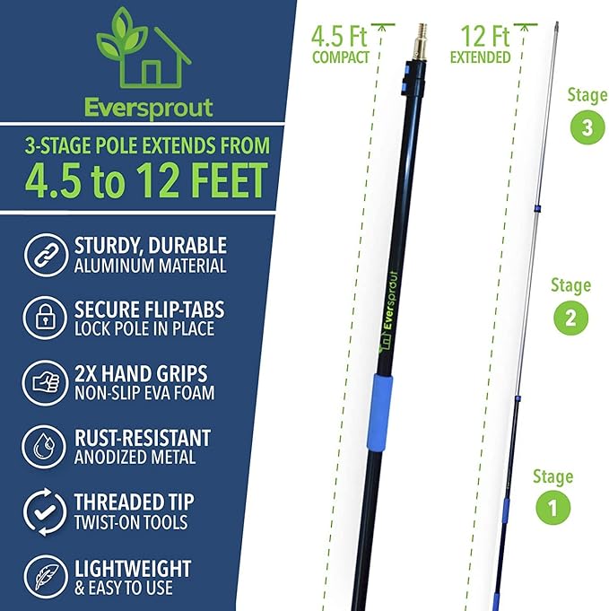 EVERSPROUT 5-to-12 Foot Duster 3-Pack with Extension-Pole (20+ Foot Reach) | Hand-packaged Cobweb Duster Microfiber Feather Duster Flexible Microfiber Ceiling &amp Fan Duster | Aluminum Telescopic