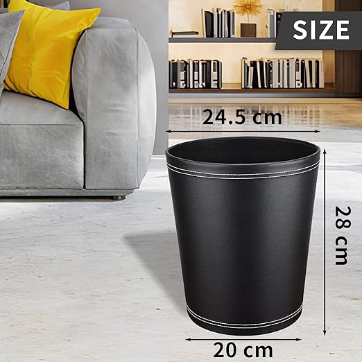 GORESE Pu Leather Trash Can 2.6 Gallon Black Bathroom Trash Can Small Office Garbage Can Wastebasket for Bedroom Kitchen Round Trash Bin Decorative Under-Sink/Desk/Home Easy to Clean