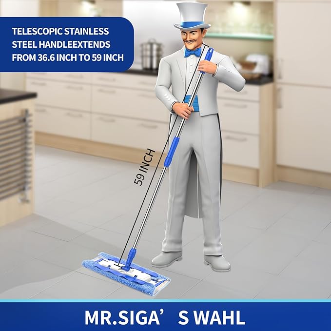 MR.SIGA Professional Microfiber Mop for Hardwood Laminate Tile Floor Cleaning Stainless Steel Telescopic Handle - 3 Reusable Flat Mop Refills and 1 Dirt Removal Scrubber Included