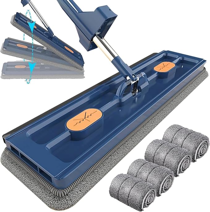 Large Flat Mop2023 Premium Flat Mop Self Wringing with Wringer 360 Rotating with Dewatering Scraper 12027(Blue+4 Mop Pads)