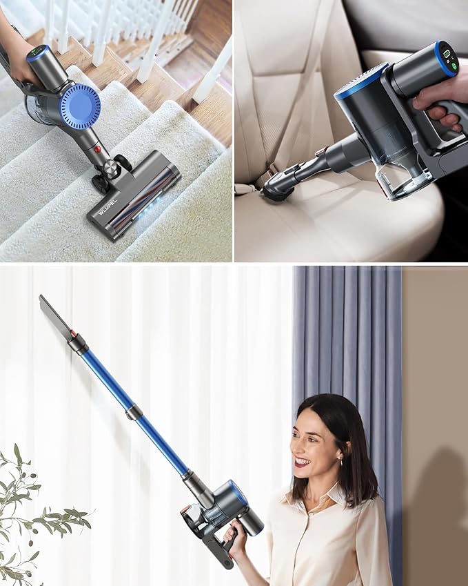 WLUPEL 30KPA 400W Cordless Vacuum Cleaner Powerful Stick Vacuum with 45Mins Detachable Battery 80000RMP Lightweight Handheld Vacuum with Adjustable Suction Modes for Hard Floor/Carpet/Pet Hair/Car