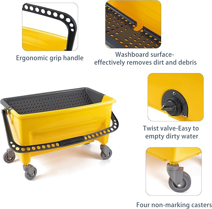 Matthew Cleaning Microfiber Finish Bucket with SievePress Wring Mop Bucket for Microfiber Flat Mops Mop Bucket with Non-Marking Casters Wheels44 Yellow