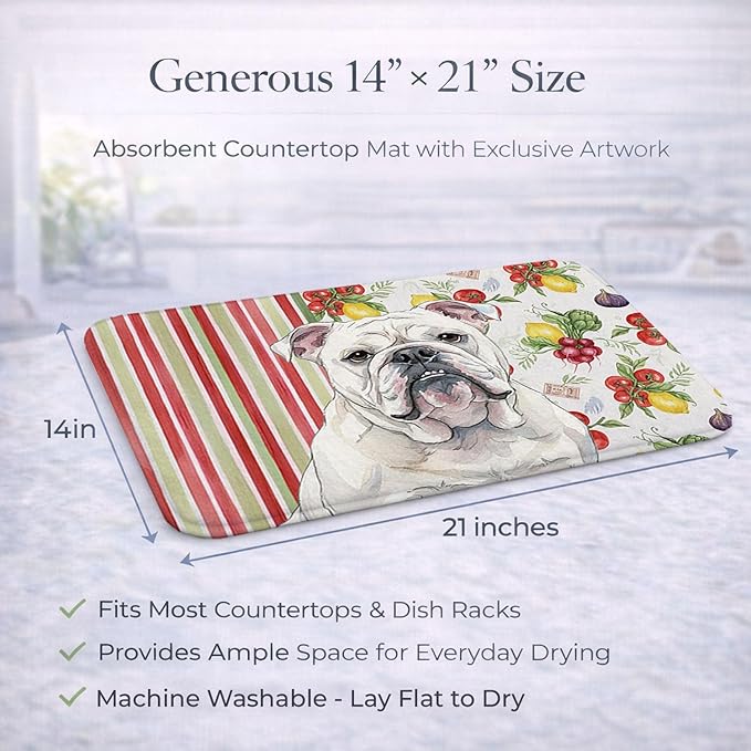 Caroline's Treasures White English Bulldog Vegetables Dish Drying Mat Absorbent Dish Drying Mat Pad for Kitchen Counter Dish Drainer Mat for Countertop 14 x 21 Multicolor