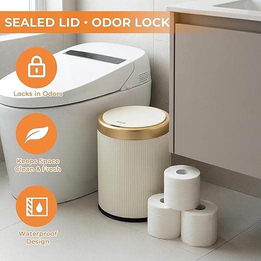 Pukomc Bathroom Trash Can with Lid3.5 Gallon Motion Sensor Waterproof Touchless Garbage Can Smart Plastic Trash Bins Suitable for Kitchen Bathroom Bedroom Living Room Office Beige