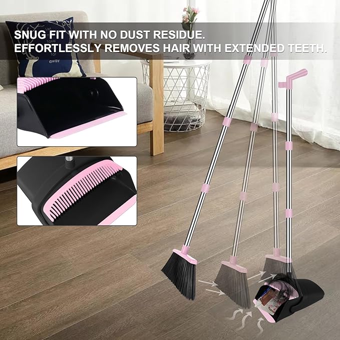 Pink Broom with Dustpan Combo Set 51 Long Handle Household Cleaning Tool Ideal Broom and Dustpan Set for Pet Hair and Home Use