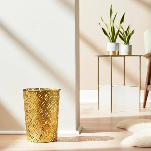 Metal Gold Trash Can Modern Cylindrical Gold Garbage Can Metal Waste Basket for Office Bathroom Bedroom &amp Small Spaces 7.28 D x 10 H