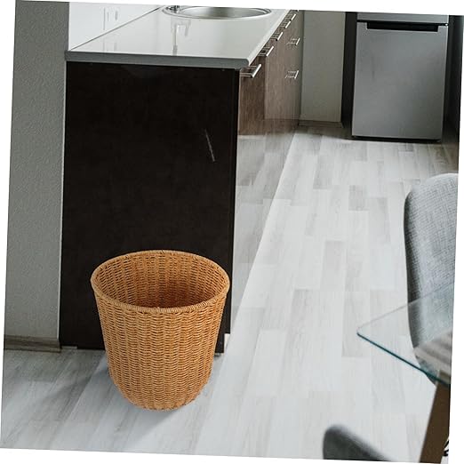 PRETYZOOM Medium Imitation Rattan Storage Basket Handwoven Wastebasket for Kitchen and Bedroom Versatile Woven Trash Can Stylish Design