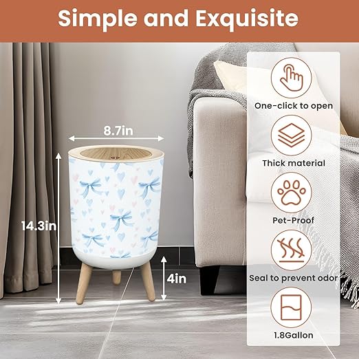 Bathroom Trash Can with Lid Blue Coquette Ribbon Bow Seamless White Soft Girl Aesthetic Repeat Garbage Bin Waste Basket for Kitchen Office Bedroom Decoration Diaper Pail 1.8 Gallon