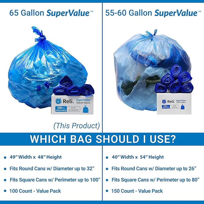 Reli. 65 Gallon Blue Recycling Bags 100 Count Heavy Duty Large Trash Bags