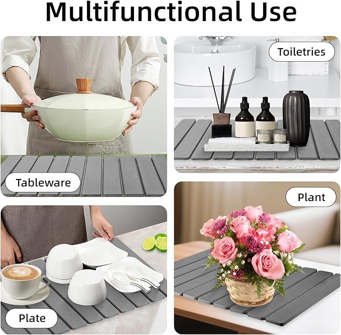 Stone Dish Drying Mat24(L)×16(W) - Fast-Drying Collapsible Kitchen Counter Mat for Dishes Cups &amp Bottles with Sanding Tool + Placemat Dark gray