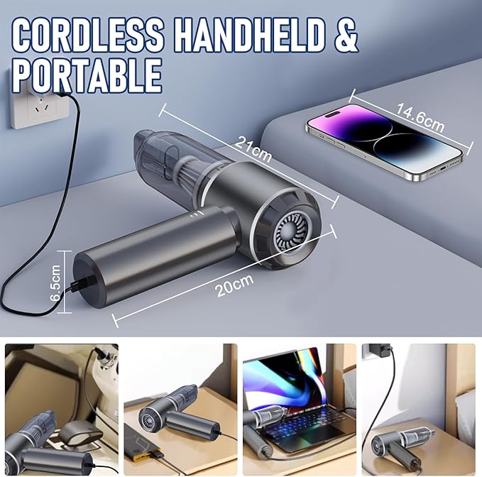 Car Vacuum Portable Cordless 20000PA High power Mini Vacuum Cleaner 4-in-1 Compressed Air Duster &amp Air Blower &amp Pump Hand Held Vacuum with Brushless Motor for Car Home OfficeCamping (Silver