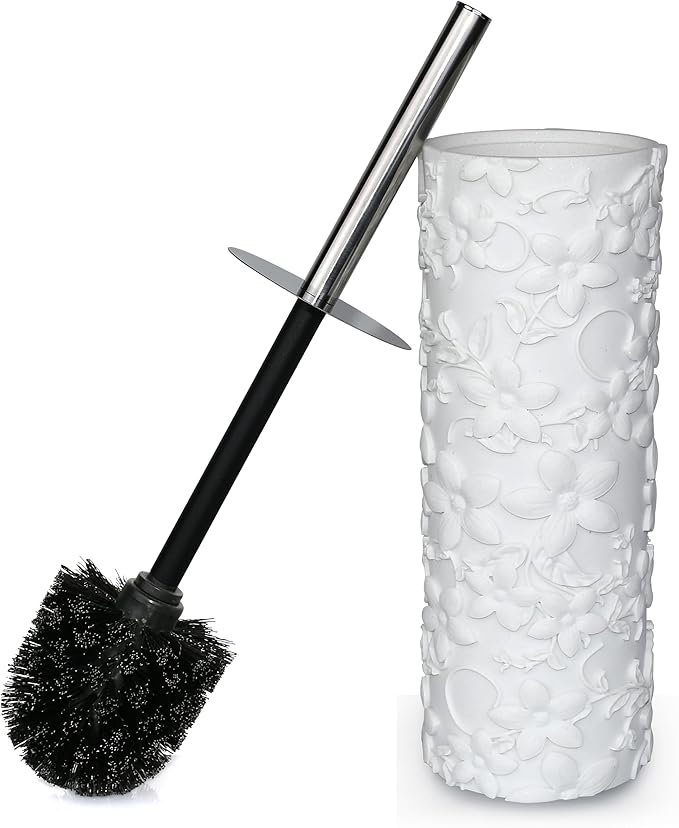White Floral Design Resin Toilet Bowl Holder and Brush Set Stylish Bathroom Cleaning Tool with Durable Bristles Compact and Functional