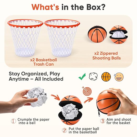 Set of 2 Basketball Trash Can - 2 Zippered Shooting Balls - Perfect Basketball Gift - Boys Room Decor - Easter basket for Dorm or Home Office - Kids Bedroom Wastebasket - Sport Party- Size 12x12x12