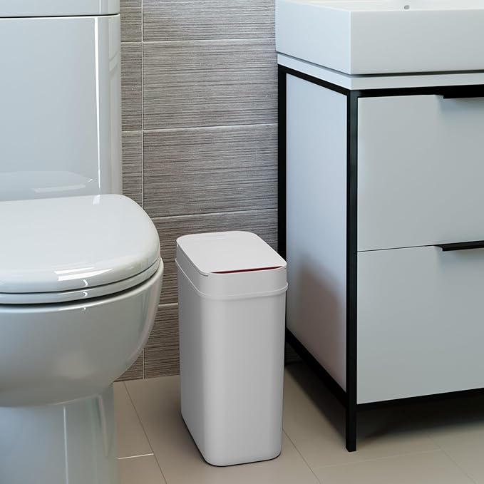 iTouchless 3 Gallon Bathroom Sensor Trash Can 10 Liter Slim Touchless Automatic Small Garbage Bin with Lid Narrow Smart Motion Control Commercial Waste Basket for Bedroom Office White