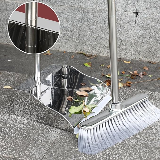 Metal Dustpan with Broom Set Long Handle Stainless Steel DustpanHeavy Duty Standing Dust Pan with Teeth Indoor Outdoor Up for Home Kitchen Lobby Room Office