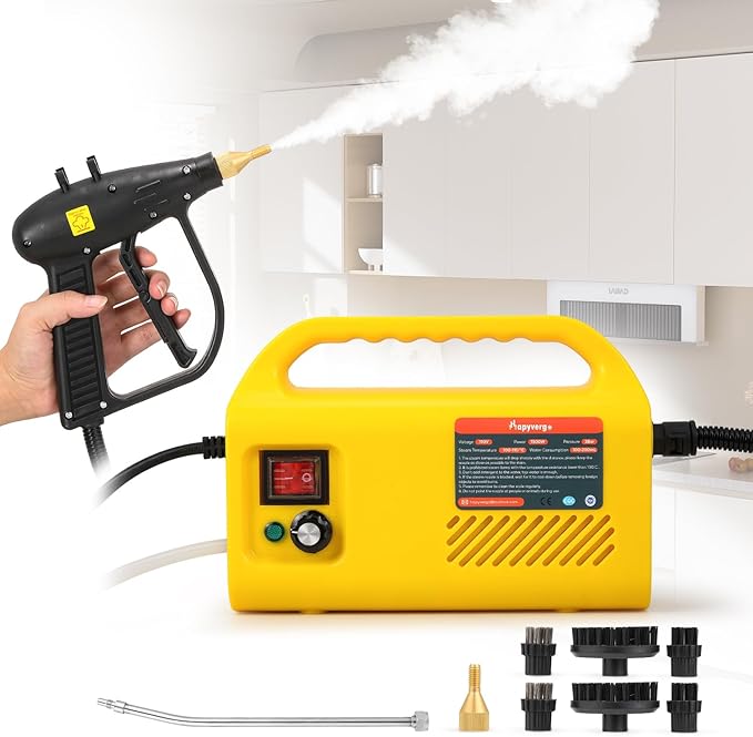 1500W Tankless Pressurized Steam Cleaner - Handheld Portable Grout &amp Tile Steamer for Home Kitchen Bathroom and Car Cleaning - 110V | Yellow