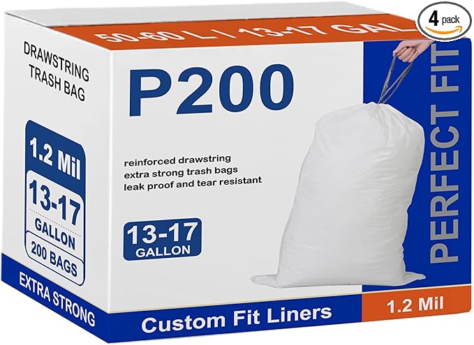 Code P 200 Count 16 Gallon Compatible with simpIehuman Code P Heavy Duty 1.2 Mil THICK Trash Bags with Reinforced Drawstring White Garbage Can Liners 13-16 Gallon 45-65 Liter Leak Proof Tear Resistant