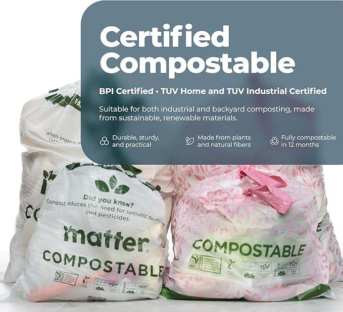Matter Compostable Variety Pack 3 Gallon and 13 Gallon Kitchen Trash Bags with Drawstring Unscented Durable Leak-Resistant Eco-Friendly 70 Count