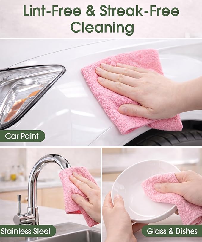 Microfiber Cleaning Cloth Roll - 100 Pack Tear Away Microfiber Paper Towels Reusable Washable Scratch-Free Kitchen Towels for Car Home Kitchen Glass Dishes(Pink)