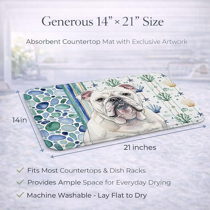 Caroline's Treasures White English Bulldog Coastal Sea Glass Dish Drying Mat Absorbent Dish Drying Mat Pad for Kitchen Counter Dish Drainer Mat for Countertop 14 x 21 Multicolor