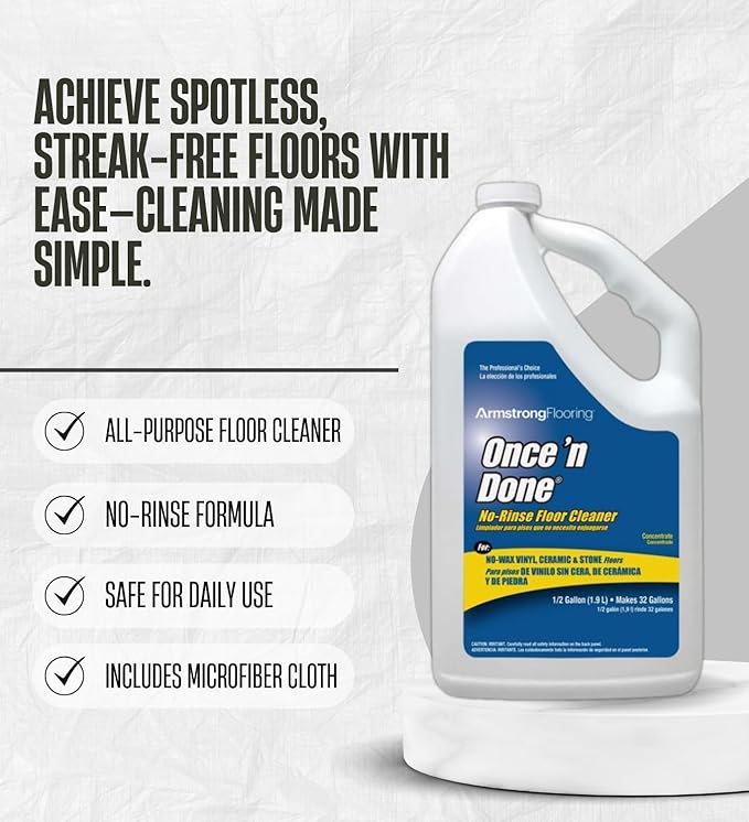 Armstrong Once'N Done Floor Cleaner Liquid 64 oz Bundle with Microfiber Cloth – Multi-Surface Floor Cleaner for Vinyl Laminate Tile and More – Gift Set (3 Items)