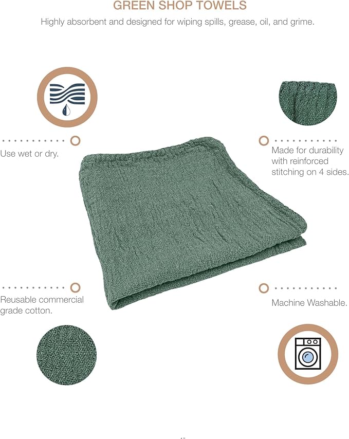 Detailer's Preference Absorbent Cotton Shop Towels Reusable Cleaning Rags for Auto Garage Home Kitchen Industrial Use Wipe Spills Grease Oil Grime Dirt &amp More 11x12 50-Pack Green