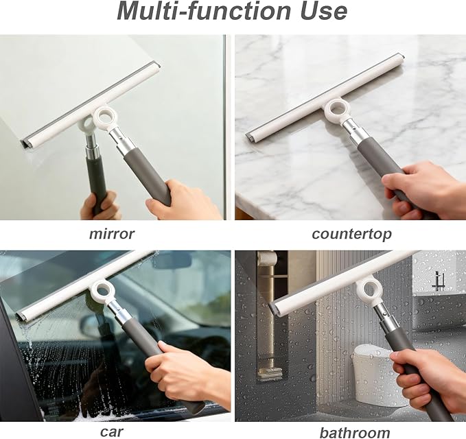 Shower Squeegee for Glass Doors Telescopic 2-in-1 Squeegee for Window Cleaning with Microfiber Scrubber for Bathroom Tile Wall Car Windshield
