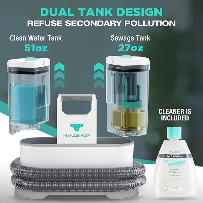 HAUSHOF Cordless Carpet &amp Upholstery Cleaner Lightweight Deep Fabric Cleaner Machine with Brushless Motor &amp Powerful Suction for Pet Stains Couch Rug Car Seats Spot &amp Stain Cleaner In