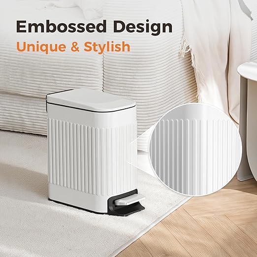 TrashAid Slim Bathroom Trash Can with Lid Soft Close 6 Liter/1.6 Gallon Stainless Steel Small Garbage Can with Removable Inner Bucket Step Pedal Slim Wastebasket for Toilet Office Bedroom White