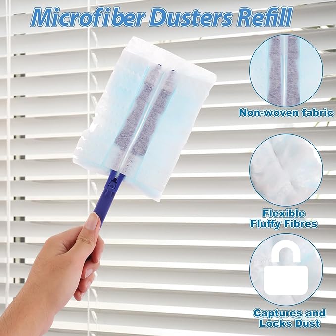 JMIATRY 100PCS Disposable Duster Refills for Swiffer Duster Pads 180 Degree Heavy Duty Dusters Refill with Adjustable Handle Disposable Dusters for Cleaning Home Office (Blue &amp White)
