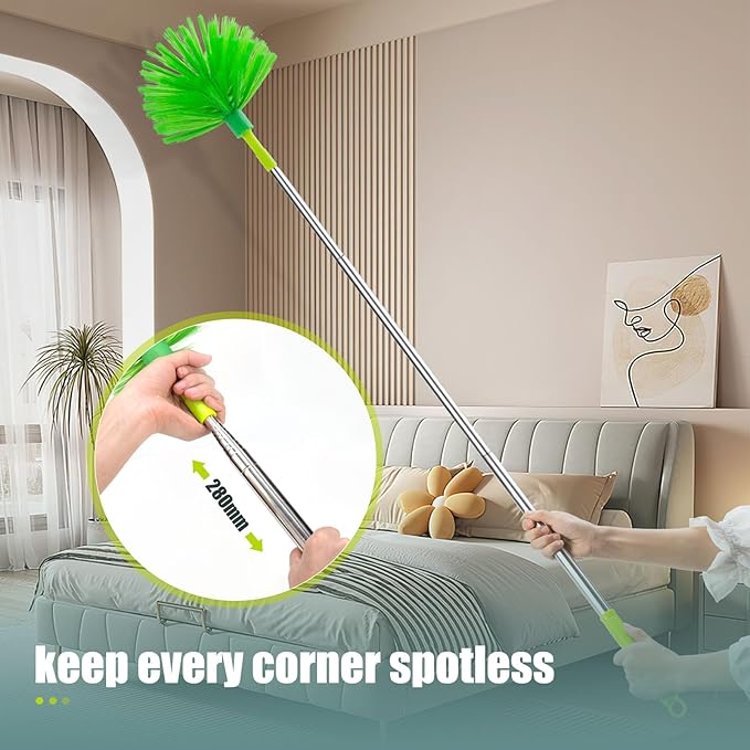 Microfiber Duster with Extension Pole 30 to 100'' Bendable Reusable Washable Feather Dusters for Cleaning High Ceiling Fan Cobweb Blinds Keyboard Furniture &amp Cars Green Gift for Women (11 PC