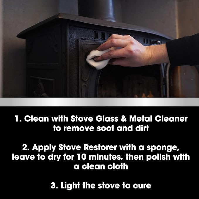 Furniture Clinic Stove Care Kit – Clean &amp Restore Log Burners Grates &amp Fireplaces | Removes Soot &amp Dirt | One Bottle Glass &amp Metal Cleaner + Stove Polish | 500ml / 17 Fl Oz Each Bott