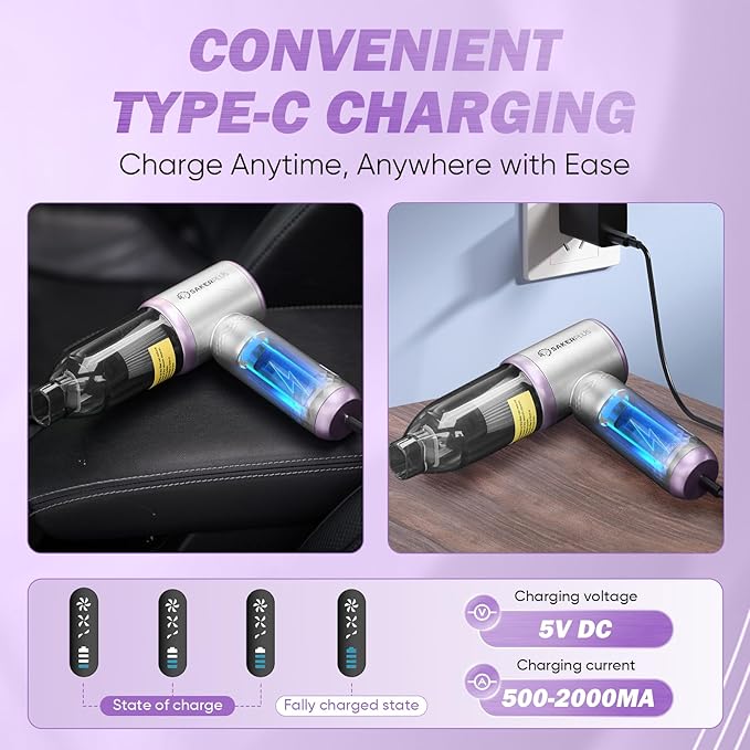 Mini Vacuum Cleaner 3 in 1 Cordless Handheld Vacuum Cleaners 18000Pa High Power Car Vacuum Cleaner with Brushless MotorAdjustable Car Vaccum Portable for CarsDesktop (Sliver and Purple)