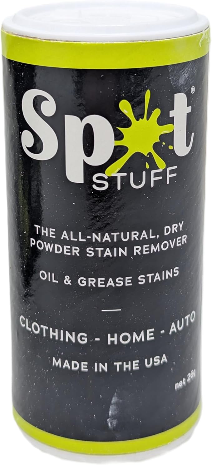 Spot Stuff Oil &amp Grease Stain Remover – All-Natural No Water Needed Dry Powder Formula – Works on Clothing Upholstery &amp Auto Interiors – 26g Shaker Bottle (Pack of 6)